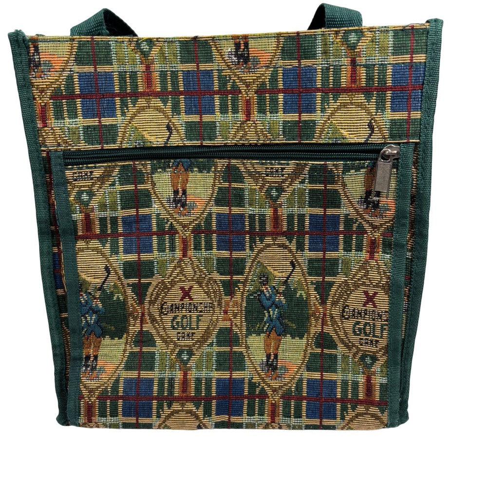 VINTAGE Medium Tote Bag Green Plaid Golf Tapestry Tote Travel Bag Carpet Bag